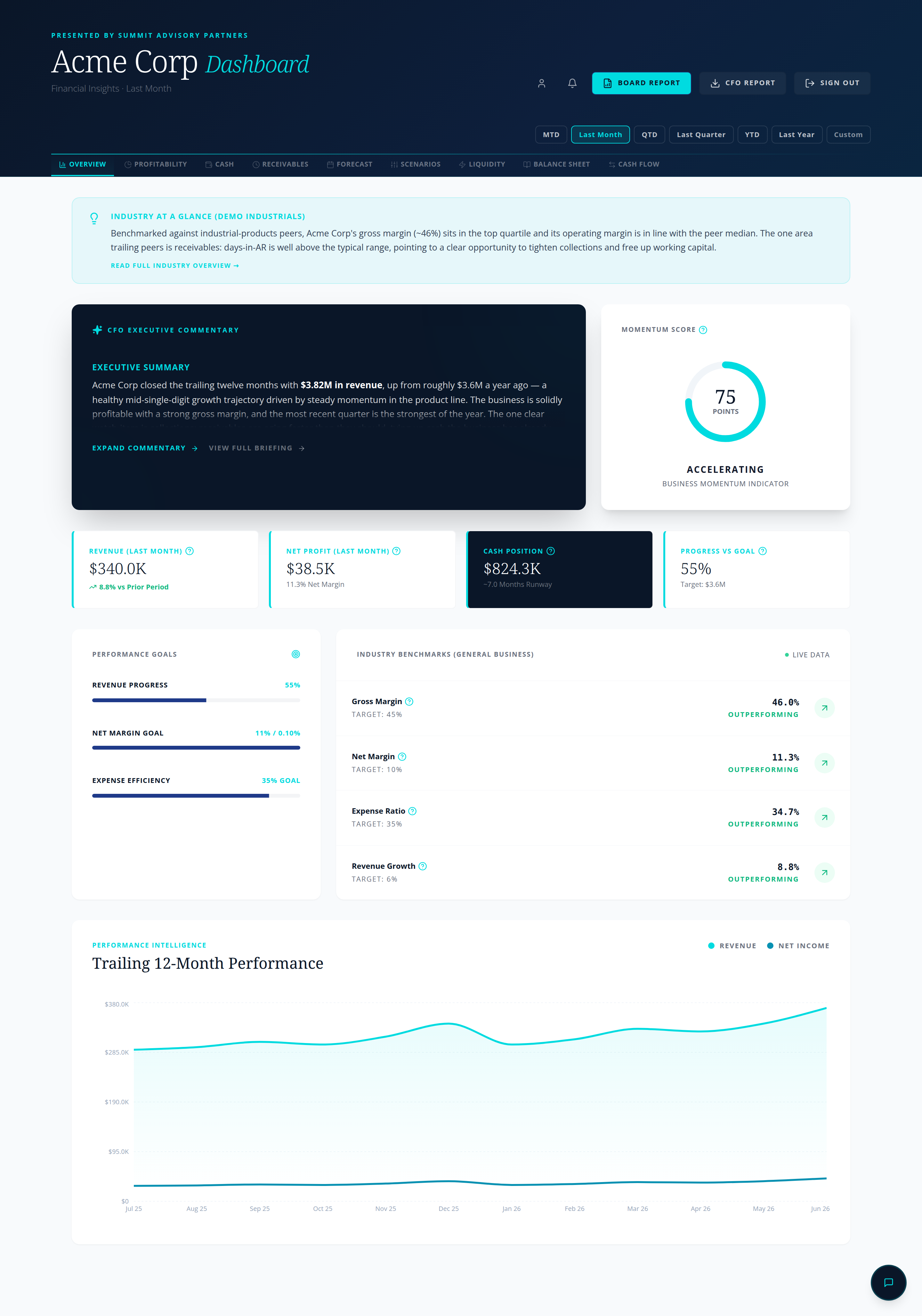 The CFO Intelligence dashboard your clients see — KPIs, benchmarks, and trends (demo data)